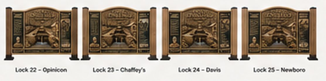 Concept lineup of carved signs for Locks 22 through 25
